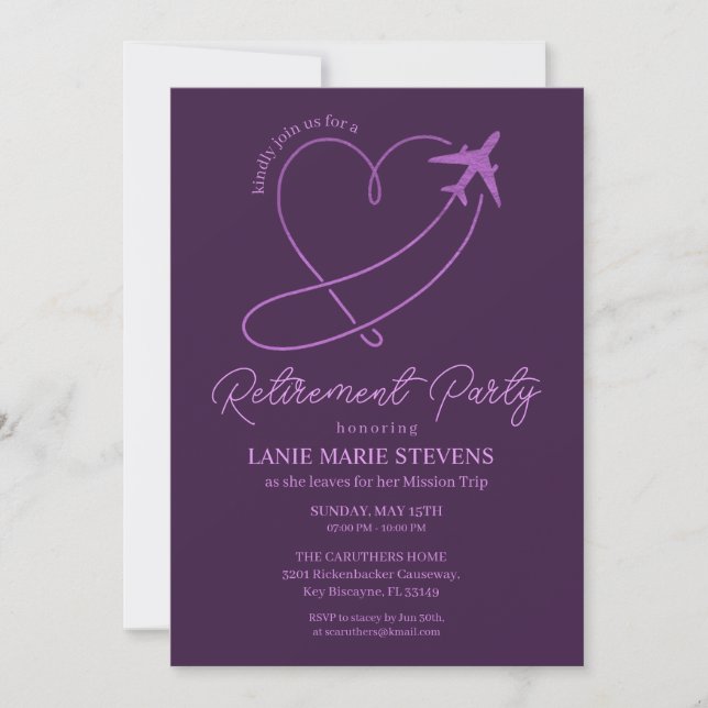 Plain Purple Heart Plain Retirement Party Invitation (Front)