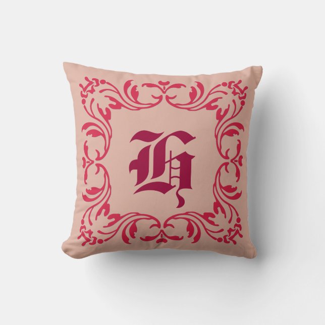 Plain Queen pink background | Damask Monogram Cushion (Front)