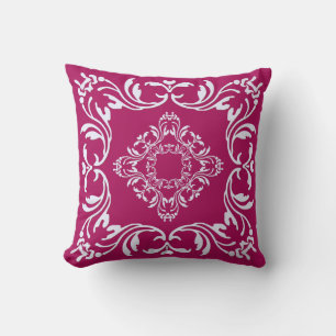 Plain Rubine Red Background White Damask Pattern Cushion