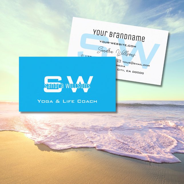Plain Sky Blue White Modern Simple with Monogram Business Card (Creator Uploaded)