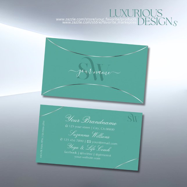 Plain Teal with Silver Decor and Monogram Modern Business Card (Creator Uploaded)