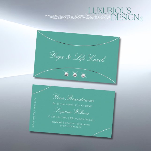 Plain Teal with Silver Decor and Sparkle Diamonds Business Card (Creator Uploaded)