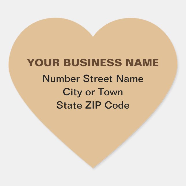 Plain Texts Business Address on Light Brown Heart Sticker (Front)