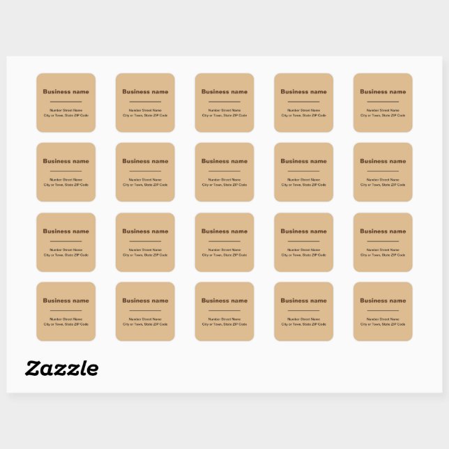 Plain Texts Business Address on Light Brown Square Sticker (Sheet)