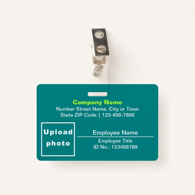 Plain Texts With Photo Rectangle Teal Green ID Badge (Front with Clip)