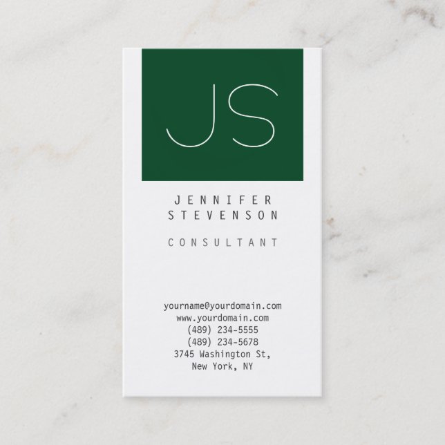 Plain Up Forest Green White Monogram Business Card (Front)