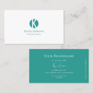 Plain White and Teal with Monogram Professional Business Card