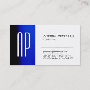 Plain White Blue Trendy Monogram Business Card