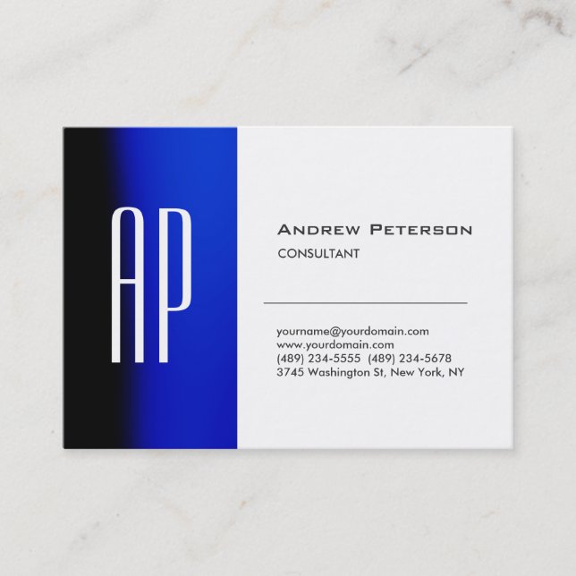 Plain White Blue Trendy Monogram Business Card (Front)