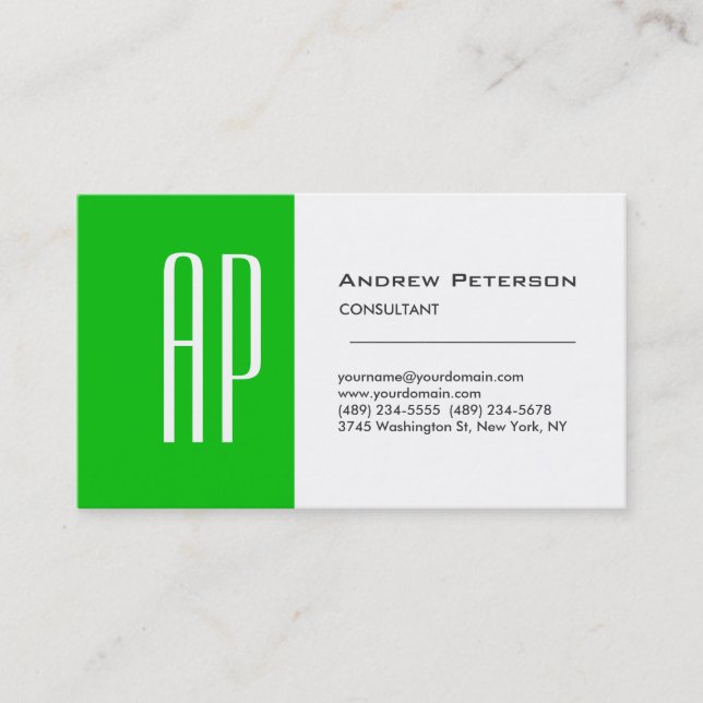 Plain White Green Stripe Monogram Business Card (Front)
