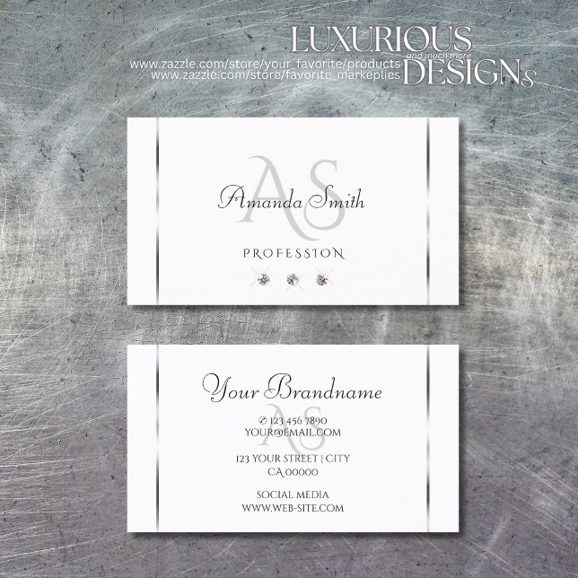 Plain White Silver Decor Sparkle Diamonds Initials Business Card (Creator Uploaded)
