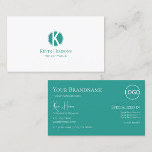 Plain White Teal Circle with Monogram and Logo Business Card