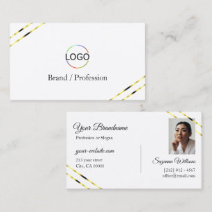 Plain White with Gold Lines Logo and Photo Business Card