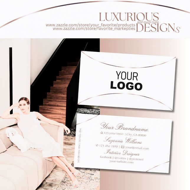 Plain White with Rose Gold Decor and Logo Simply Business Card (Creator Uploaded)