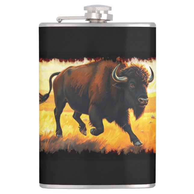Plains Buffalo - Running American Buffalo Artwork Hip Flask (Front)
