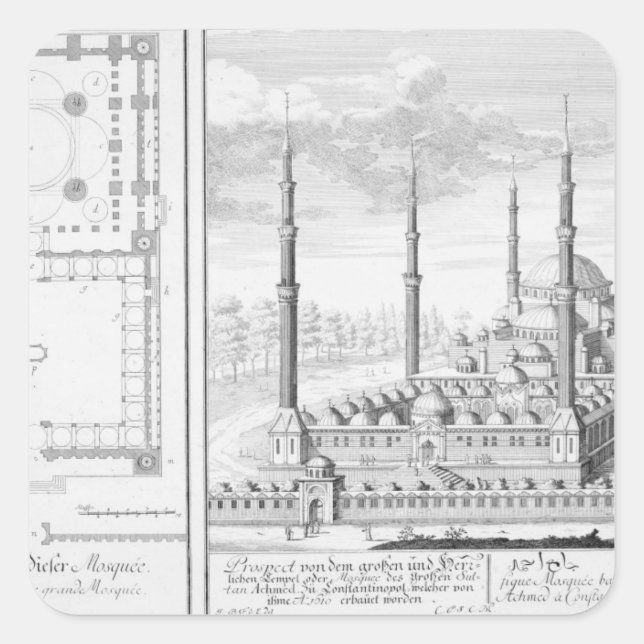 Plan and View of the Blue Mosque (1609-16), built Square Sticker (Front)