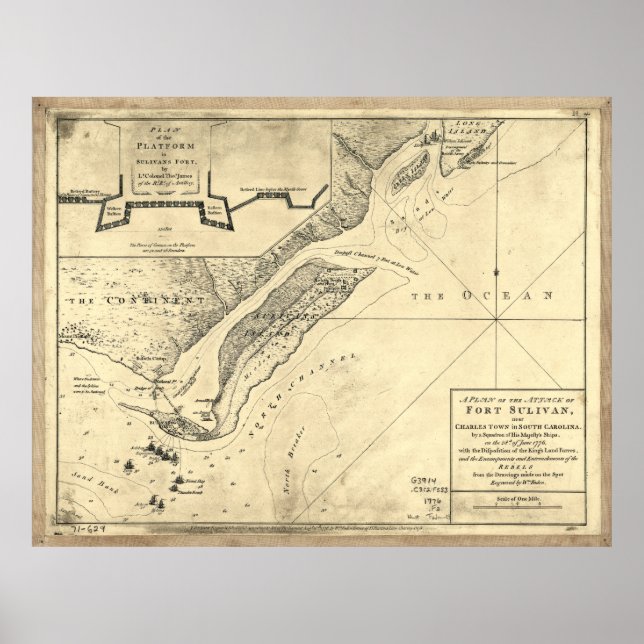 Plan of the Attack Fort Sulivan Map (June 28 1776) Poster (Front)