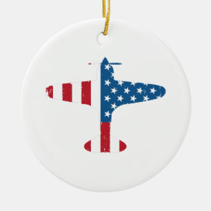 Plane Aircraft USA Flag Veteran Pilot Gift Ceramic Ornament