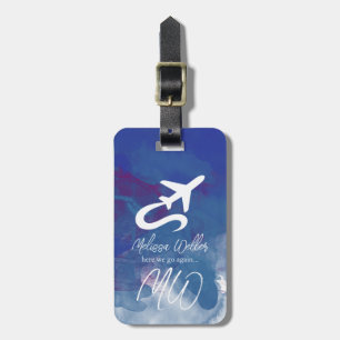 Plane and World Map Watercolor Blue Luggage Tag