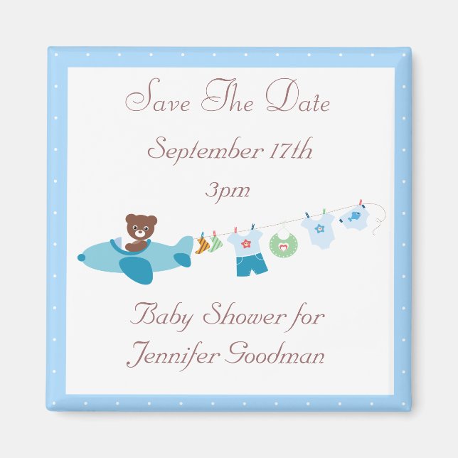 Plane & Clothesline Blue Save The Date Baby Shower Magnet (Front)