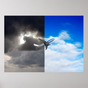 Plane flying out of stormy sky into blue sky poster