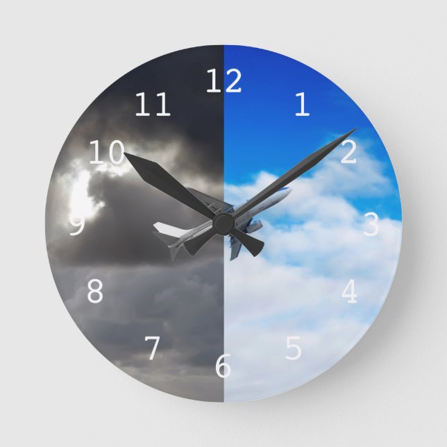 Plane flying out of stormy sky into blue sky round clock (Front)