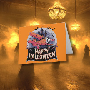 Plane flying over happy halloween banner  card