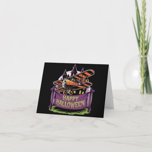 Plane flying over happy halloween banner card (Front)