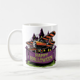 Plane flying over happy halloween banner coffee mug