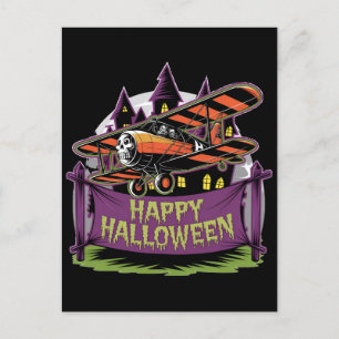 Plane flying over happy halloween banner postcard