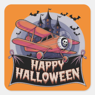 Plane flying over happy halloween banner square sticker