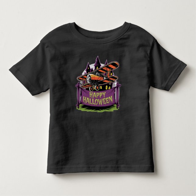 Plane flying over happy halloween banner toddler T-Shirt (Front)