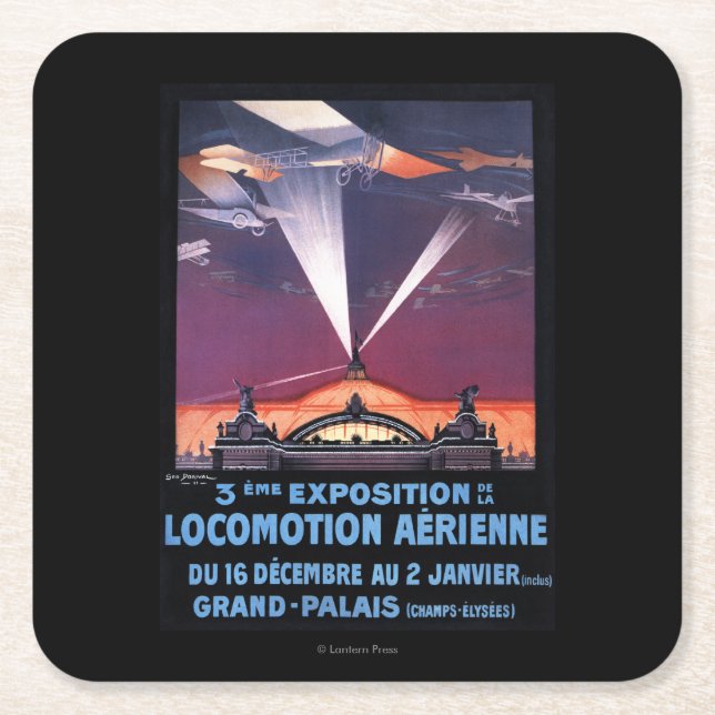 Plane Flying Over Searchlight Poster Square Paper Coaster (Front)