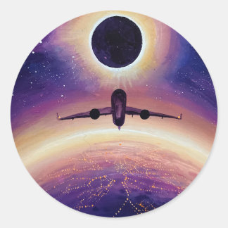 Plane in flight city and eclipse classic round sticker