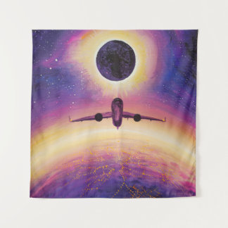 Plane in flight city and eclipse tapestry