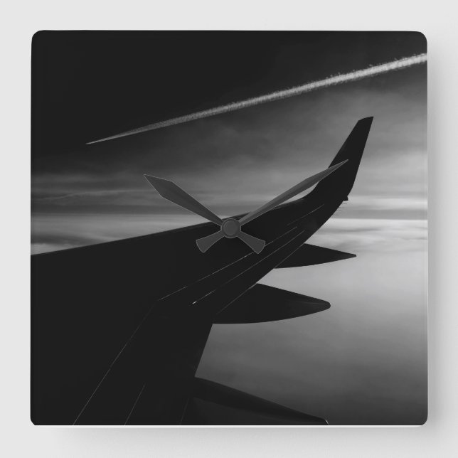 Plane in the Air in Black and White Square Wall Clock (Front)