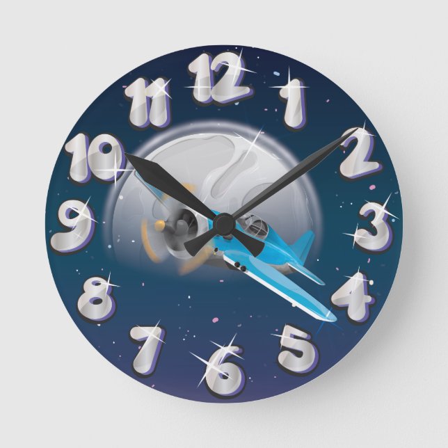 Plane Infront of the Moon Round Clock (Front)
