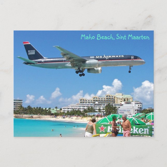 Plane landing over Maho Beach, Sint Maarten, SXM Postcard (Front)