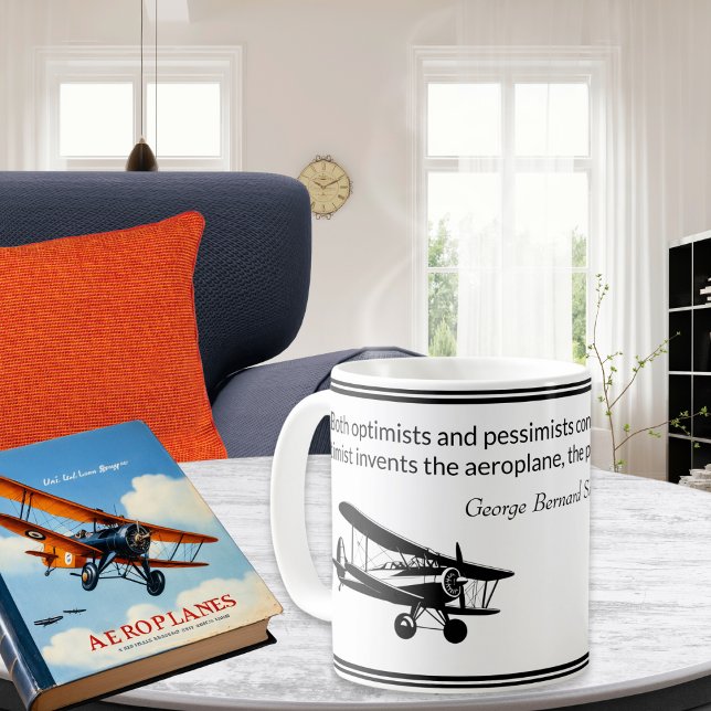 Plane Parachute George Bernard Shaw Quote Coffee Mug (A mug with aeroplane and parachute quote and pictures, in black and white)