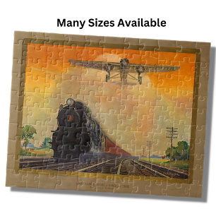 Plane & Steam Train Engine Locomotive Railroad Jigsaw Puzzle