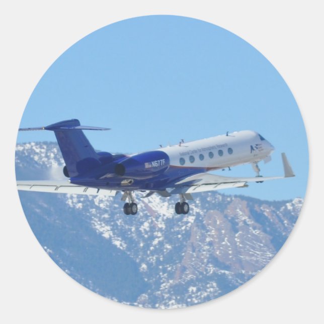 Plane taking off at the airport classic round sticker (Front)