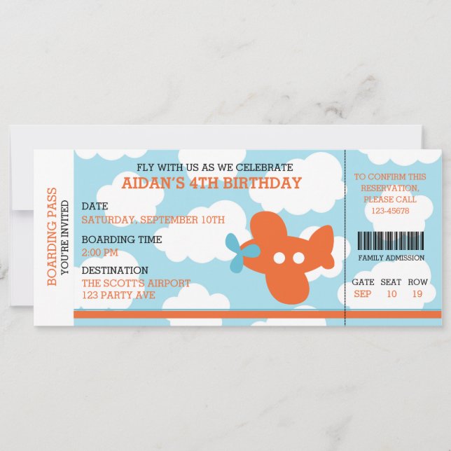 Plane Ticket Birthday Invitation (Boarding Pass) (Front)