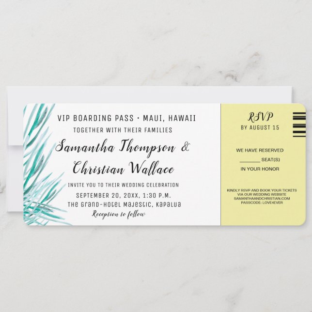 Plane Ticket Green Palm Destination Wedding RSVP  Invitation (Front)