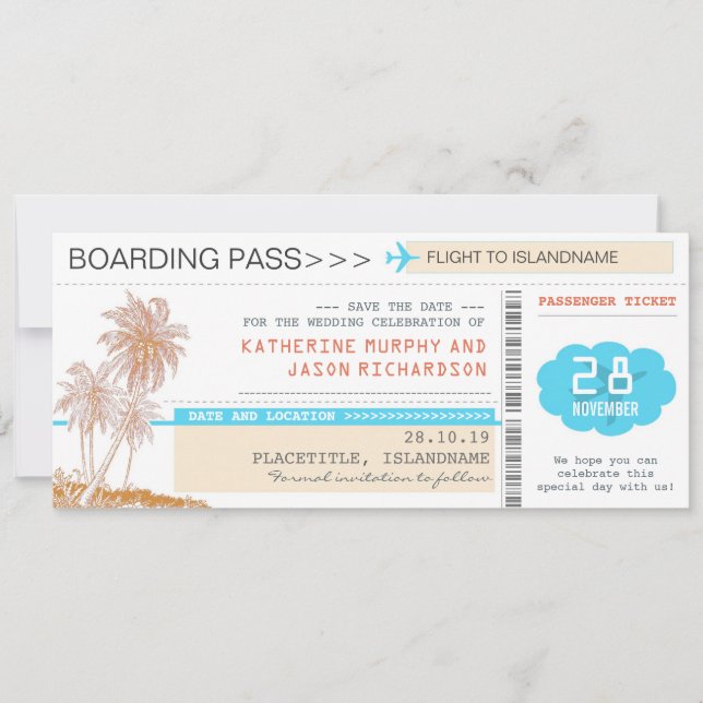 plane tickets boarding pass save the date design (Front)