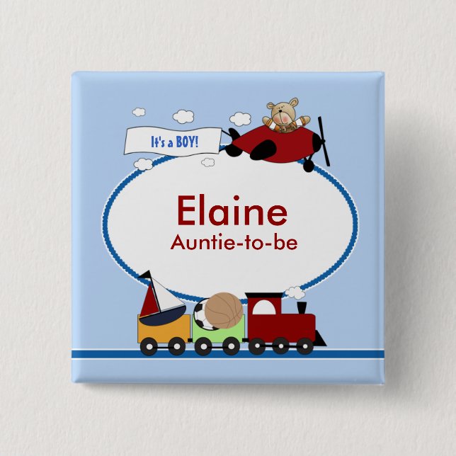 PLANE & TRAIN Baby Shower Name Tag Button (Front)
