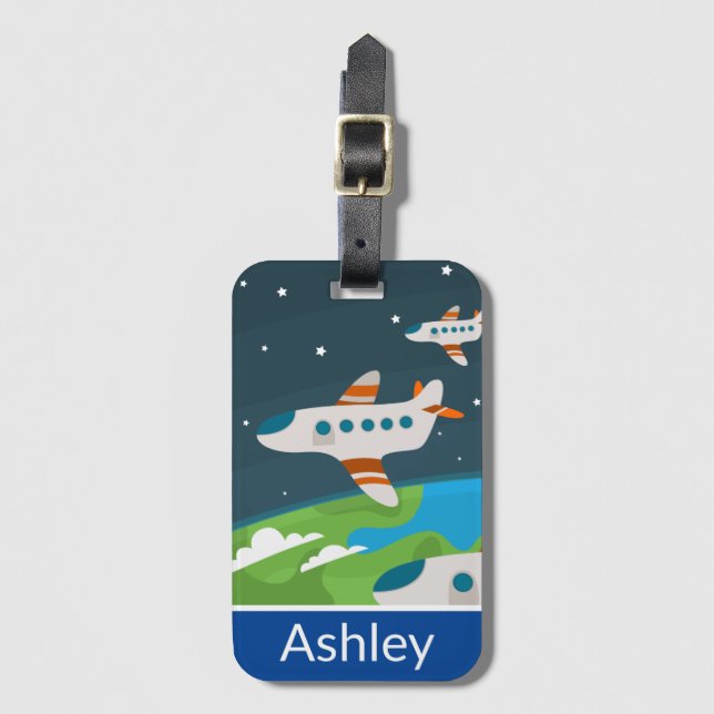 Planes Flying Above Earth Kids Personalised Luggage Tag (Front Vertical)