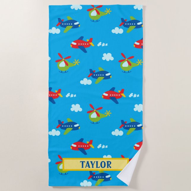 Planes & Helicopters Artwork, Name, Deep Sky Blue Beach Towel (Front)