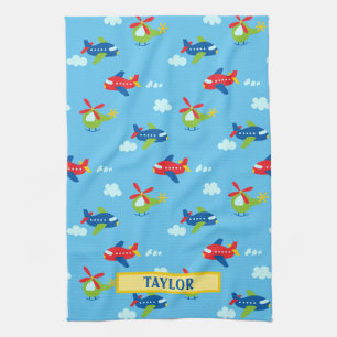 Planes Helicopters Clouds Artwork Lt Sky Blue Name Tea Towel
