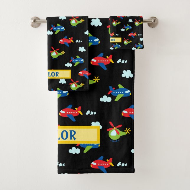 Planes, Helicopters & Clouds Artwork on Black Name Bath Towel Set (Insitu)