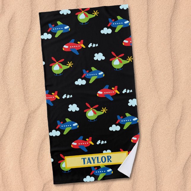 Planes Helicopters & Clouds Artwork on Black, Name Beach Towel (Creator Uploaded)